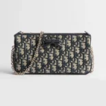 Dior Women Oblique Bow Pouch with Chain Blue Dior Oblique Jacquard