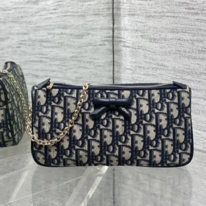 Dior Women Oblique Bow Pouch with Chain Blue Dior Oblique Jacquard