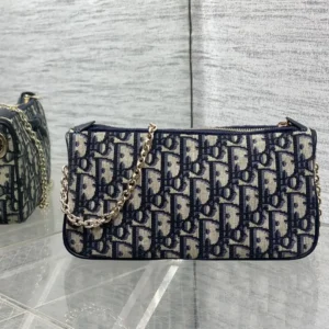 Dior Women Oblique Bow Pouch with Chain Blue Dior Oblique Jacquard