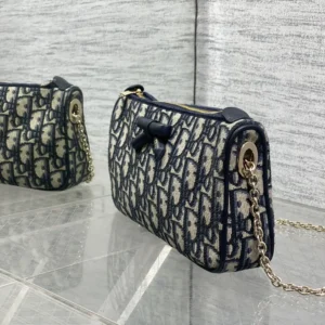 Dior Women Oblique Bow Pouch with Chain Blue Dior Oblique Jacquard
