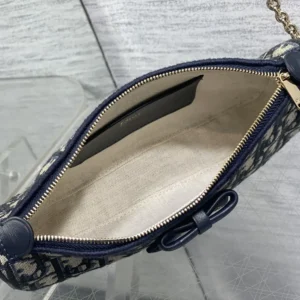 Dior Women Oblique Bow Pouch with Chain Blue Dior Oblique Jacquard