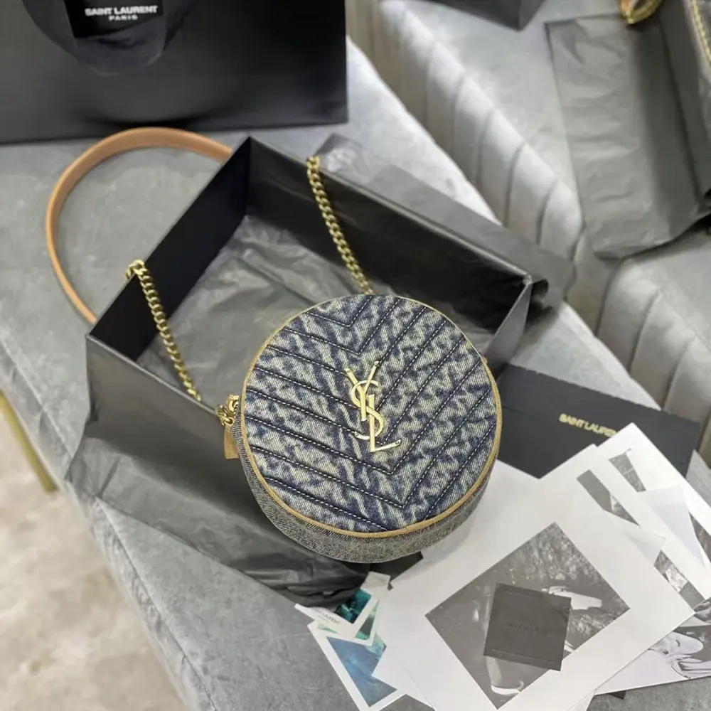 Saint Laurent YSL Women Logo-Plaque Round Crossbody Bag-Navy