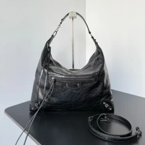 Balenciaga Women Le City Hobo Bag Medium in Black Arena Lambskin Brass Hardware 8525742AB