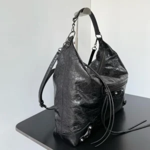 Balenciaga Women Le City Hobo Bag Medium in Black Arena Lambskin Brass Hardware 8525742AB