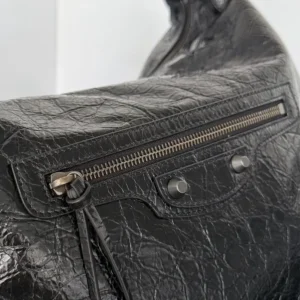 Balenciaga Women Le City Hobo Bag Medium in Black Arena Lambskin Brass Hardware 8525742AB
