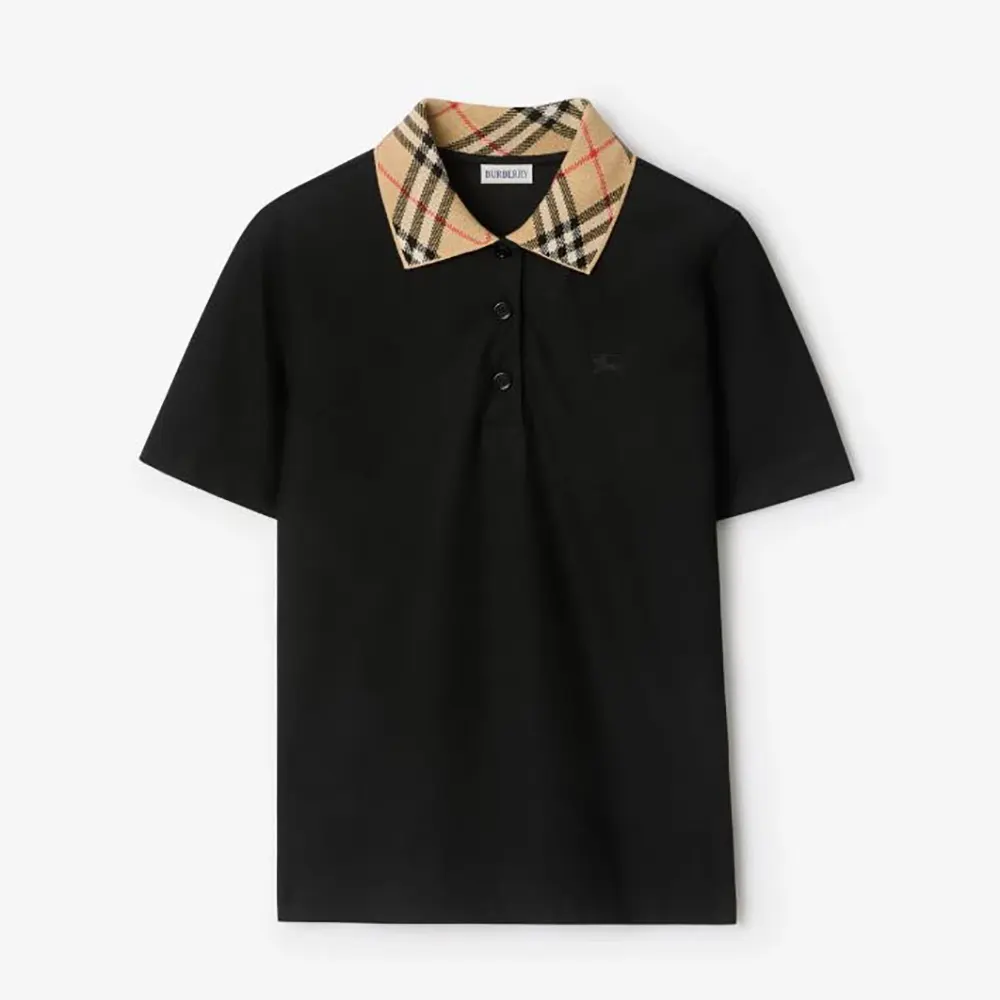 Burberry Women Check Collar Cotton Polo Shirt-Black 81193921