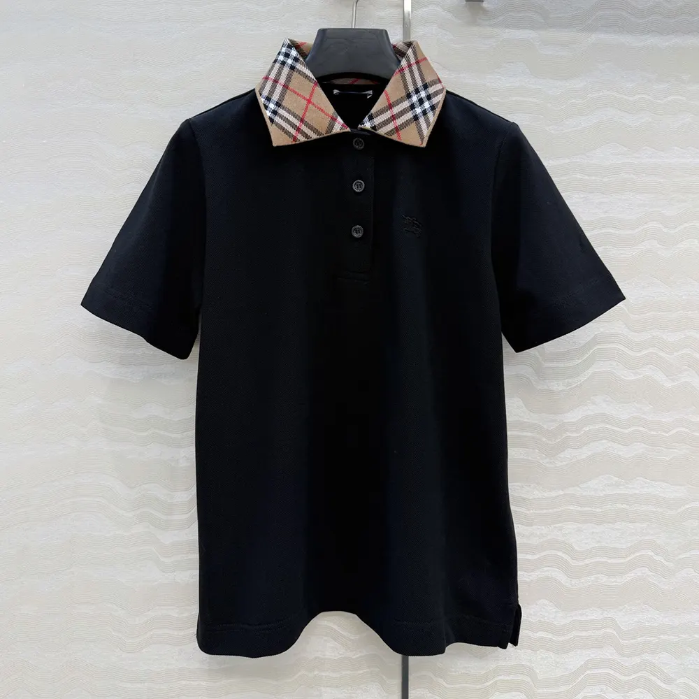 Burberry Women Check Collar Cotton Polo Shirt-Black 81193921