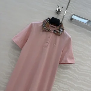Burberry Women Check Collar Cotton Polo Shirt Dress-Pink 81189561