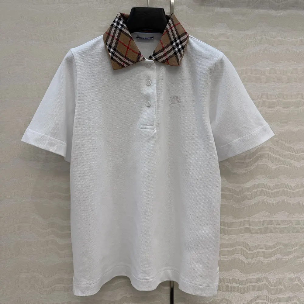 Burberry Women Check Collar Cotton Polo Shirt-White 81189581