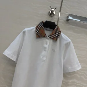 Burberry Women Check Collar Cotton Polo Shirt-White 81189581