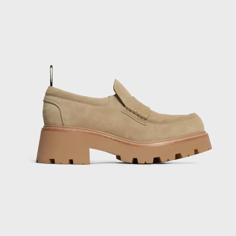 Celine Women Triomphe Loafers in Suede Calfskin-Beige 365187029C 1 Celine Women Triomphe Loafers in Suede Calfskin-Beige 365187029C