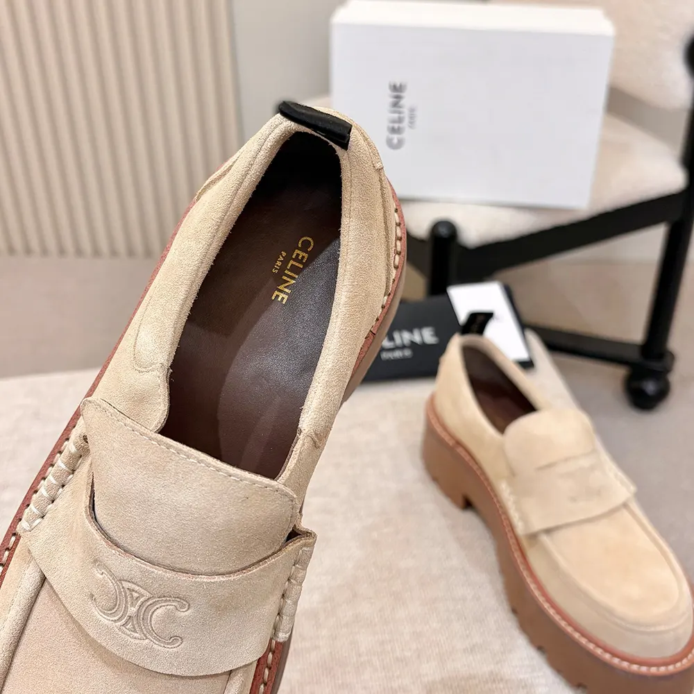 Celine Women Triomphe Loafers in Suede Calfskin-Beige 365187029C 8 Celine Women Triomphe Loafers in Suede Calfskin-Beige 365187029C