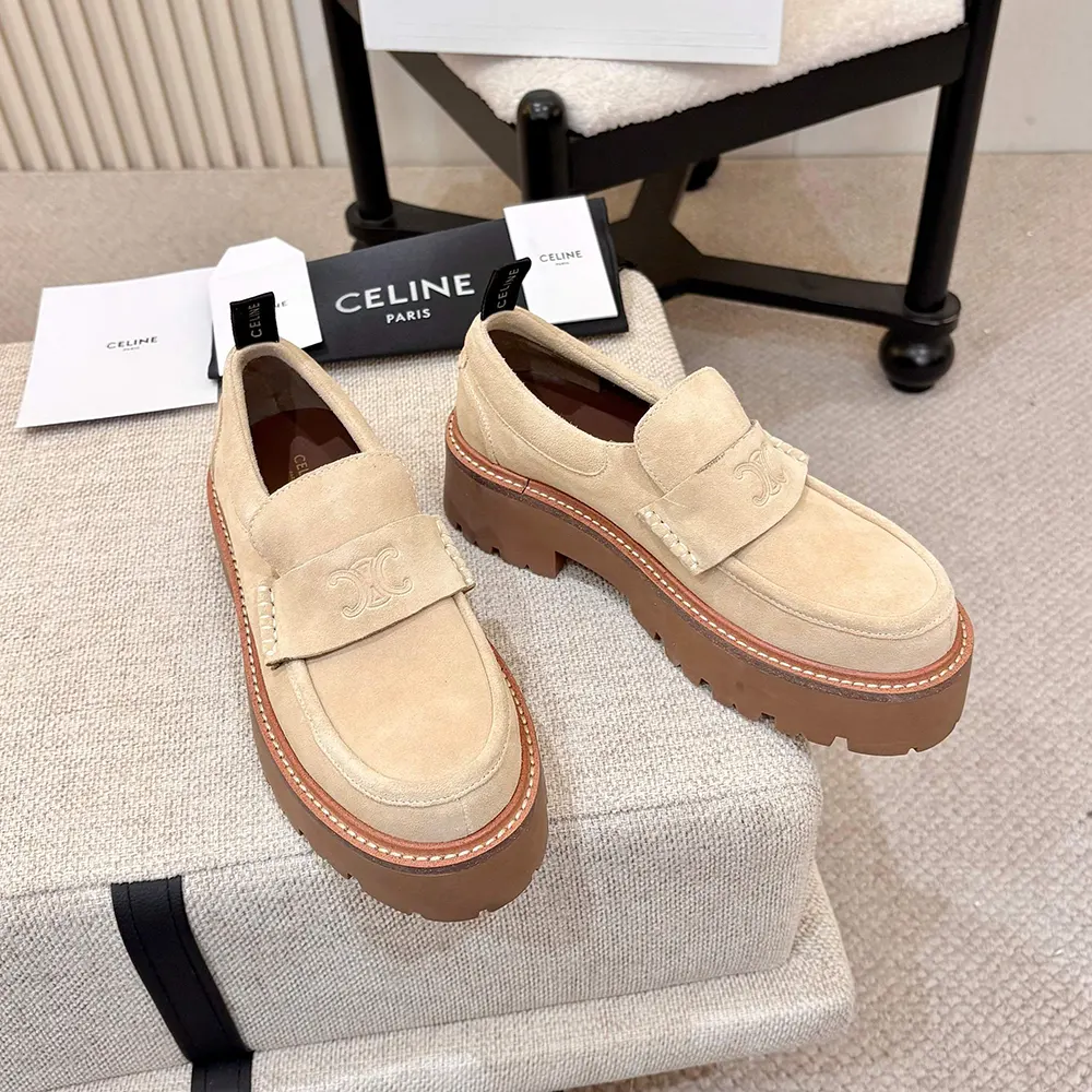 Celine Women Triomphe Loafers in Suede Calfskin-Beige 365187029C 4 Celine Women Triomphe Loafers in Suede Calfskin-Beige 365187029C