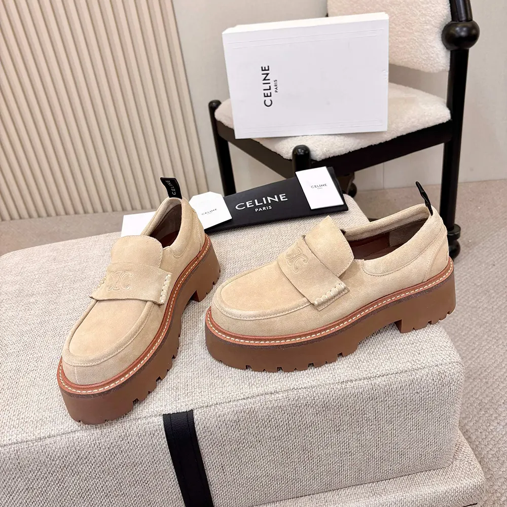 Celine Women Triomphe Loafers in Suede Calfskin-Beige 365187029C 5 Celine Women Triomphe Loafers in Suede Calfskin-Beige 365187029C