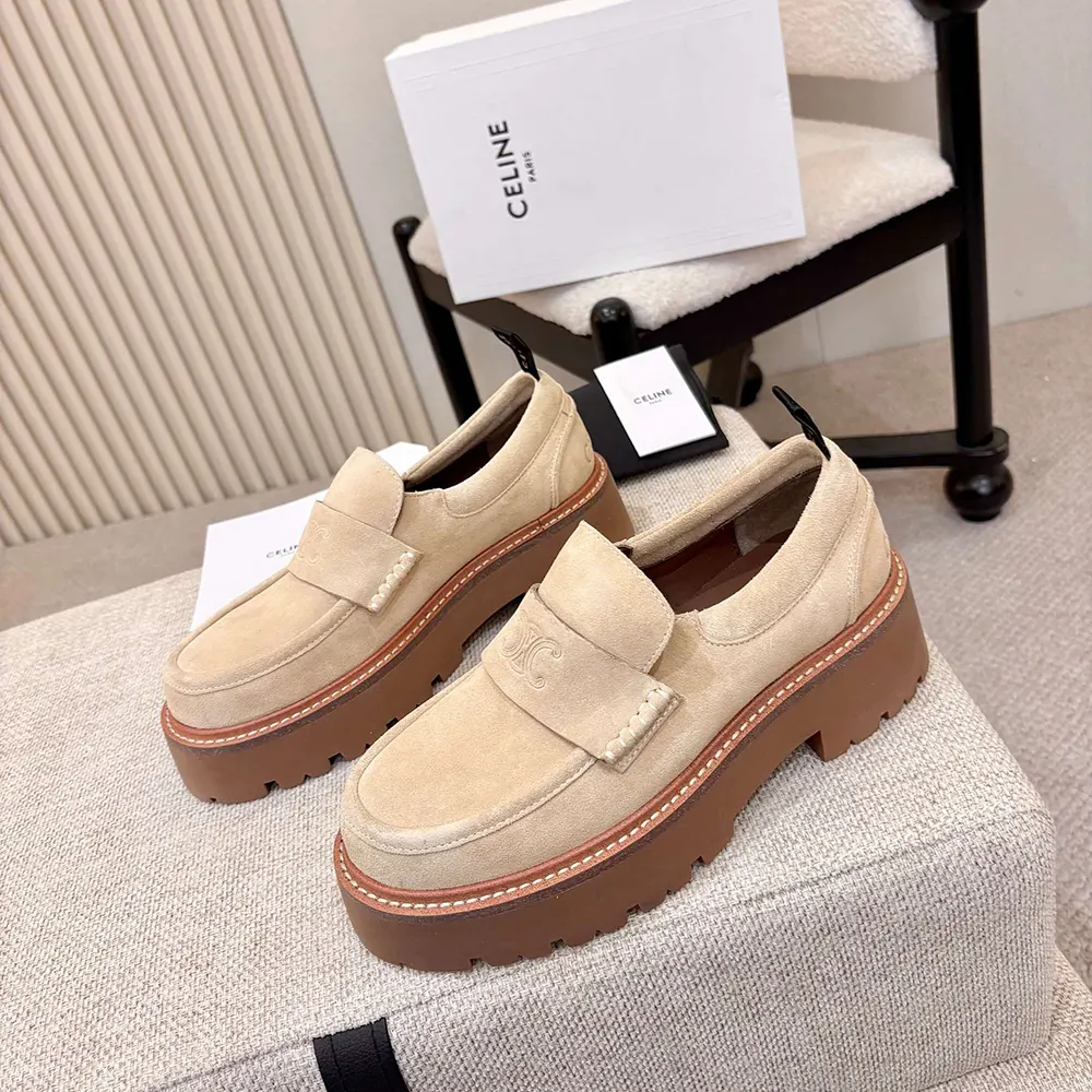 Celine Women Triomphe Loafers in Suede Calfskin-Beige 365187029C 3 Celine Women Triomphe Loafers in Suede Calfskin-Beige 365187029C