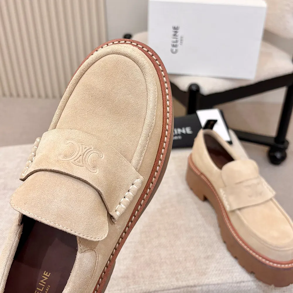 Celine Women Triomphe Loafers in Suede Calfskin-Beige 365187029C 9 Celine Women Triomphe Loafers in Suede Calfskin-Beige 365187029C