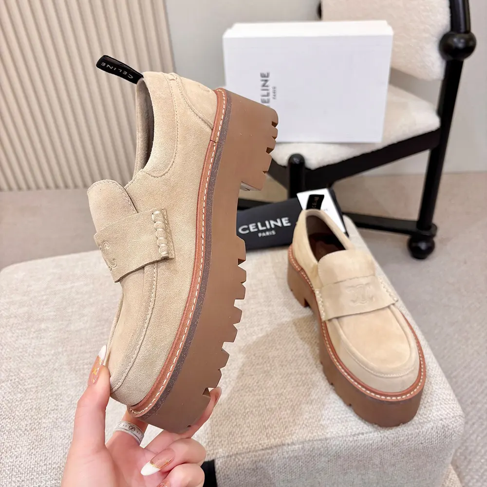 Celine Women Triomphe Loafers in Suede Calfskin-Beige 365187029C 7 Celine Women Triomphe Loafers in Suede Calfskin-Beige 365187029C