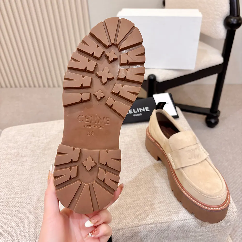 Celine Women Triomphe Loafers in Suede Calfskin-Beige 365187029C 11 Celine Women Triomphe Loafers in Suede Calfskin-Beige 365187029C
