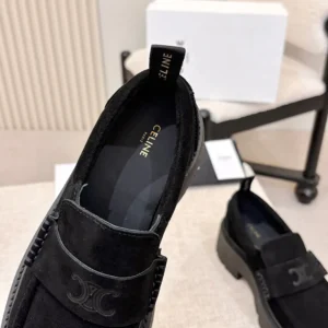 Celine Women Triomphe Loafers in Suede Calfskin-Black 365183442C
