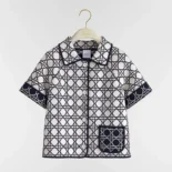 Dior Women Macrocannage Short-Sleeved Jacket Navy Blue and White Tweed