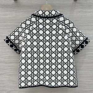 Dior Women Macrocannage Short-Sleeved Jacket Navy Blue and White Tweed