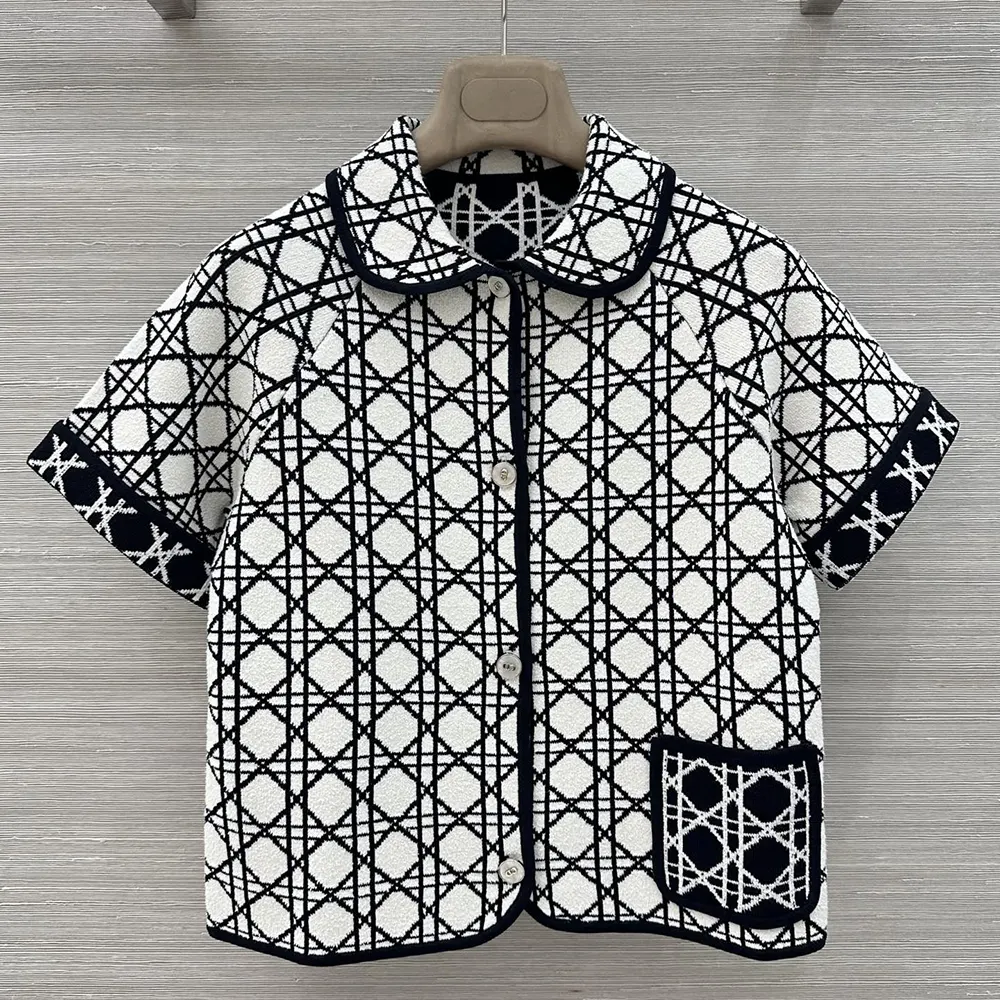 Dior Women Macrocannage Short-Sleeved Jacket Navy Blue and White Tweed