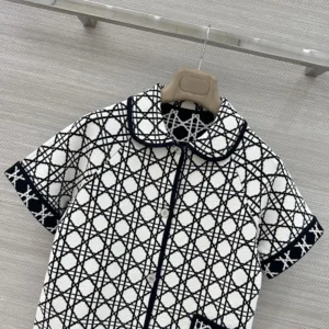Dior Women Macrocannage Short-Sleeved Jacket Navy Blue and White Tweed