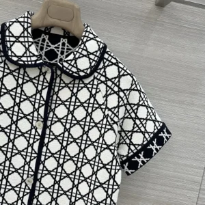 Dior Women Macrocannage Short-Sleeved Jacket Navy Blue and White Tweed