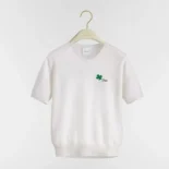 Dior Men Short-Sleeved Fitted Sweater White Wool Knit with Green and Black Dior Clover Signature