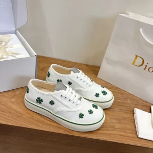 Dior Unisex Saltwind Sneaker White Cotton Embroidered with Bright Green Dior Clover Motif