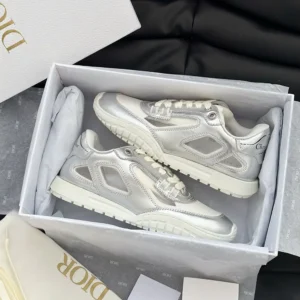 Dior Unisex Tech Sneaker Silver-Tone Laminated Grained Calfskin and Transparent Mesh