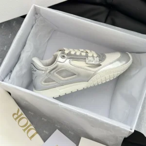 Dior Unisex Tech Sneaker Silver-Tone Laminated Grained Calfskin and Transparent Mesh