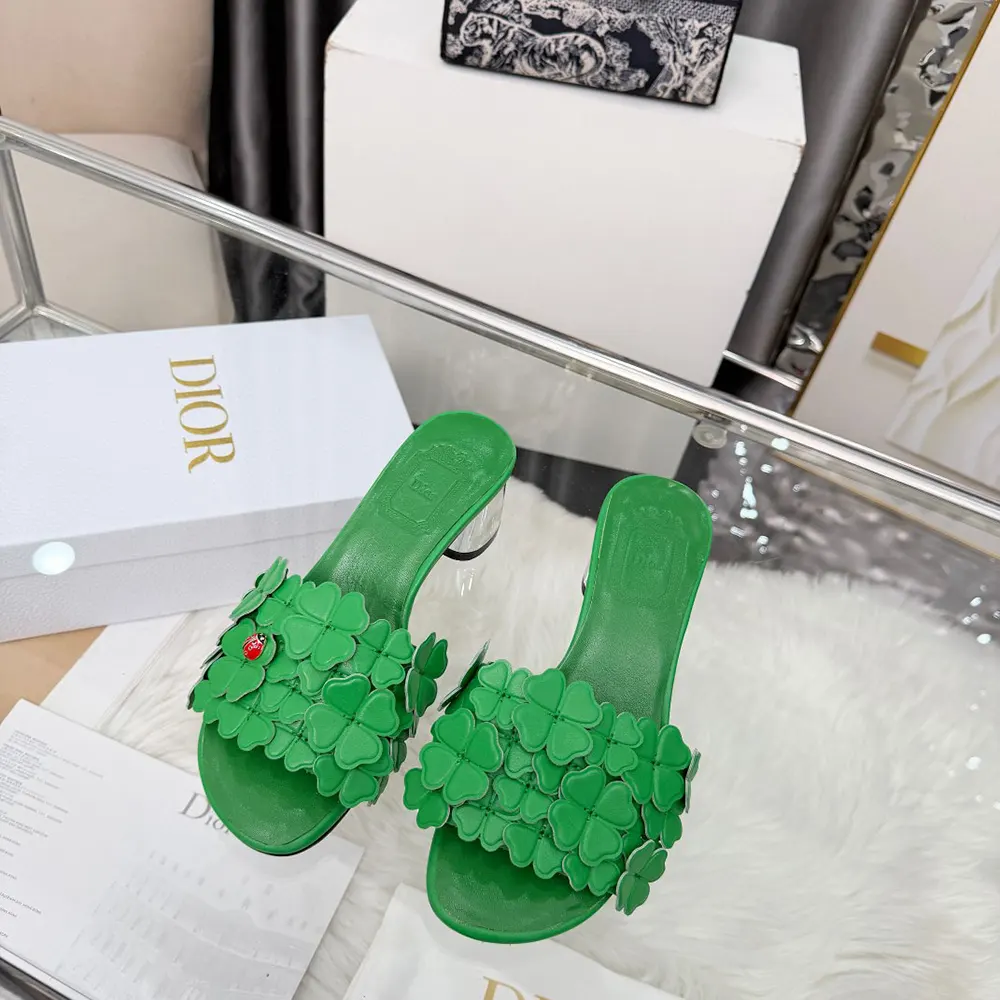 Dior Women Bloom Heeled Slide Green Dior Clover Embroidered Lambskin