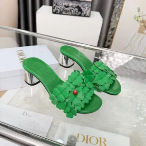 Dior Women Bloom Heeled Slide Green Dior Clover Embroidered Lambskin