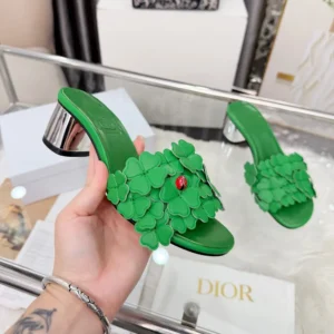 Dior Women Bloom Heeled Slide Green Dior Clover Embroidered Lambskin