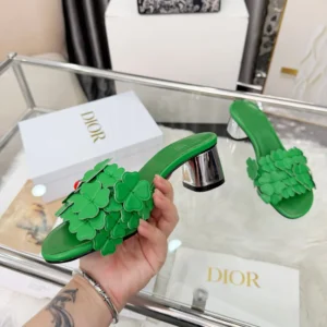 Dior Women Bloom Heeled Slide Green Dior Clover Embroidered Lambskin