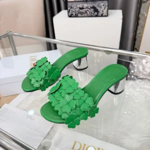 Dior Women Bloom Heeled Slide Green Dior Clover Embroidered Lambskin