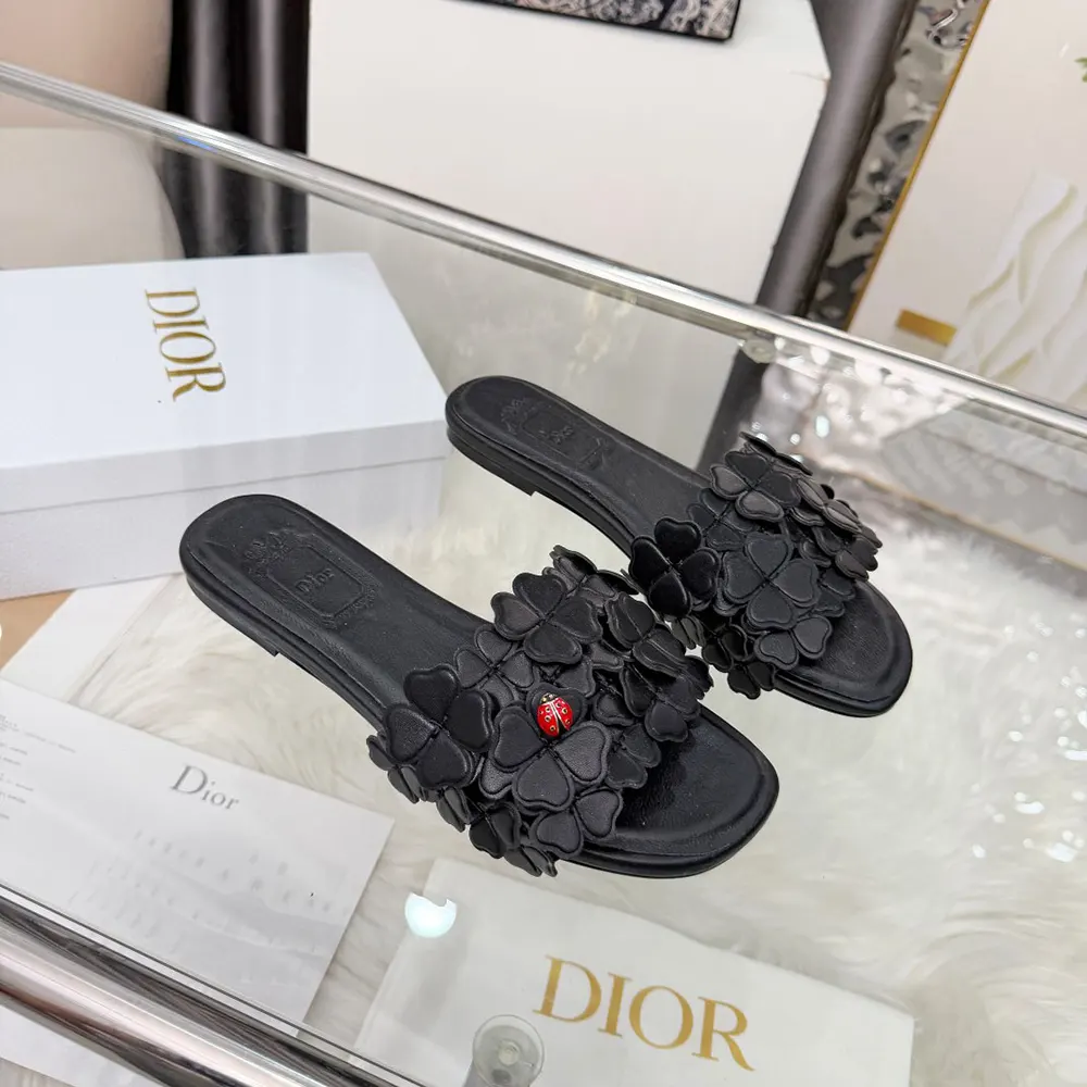 Dior Women Bloom Slide Black Dior Clover Embroidered Lambskin KCO533LAB