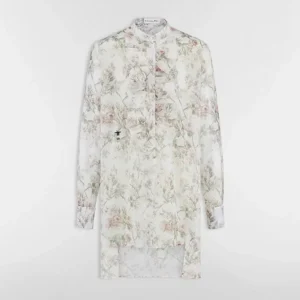 Dior Women Blouse White Cotton Muslin with Multicolor Rosier de Dior Motif