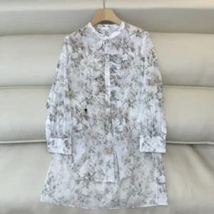 Dior Women Blouse White Cotton Muslin with Multicolor Rosier de Dior Motif