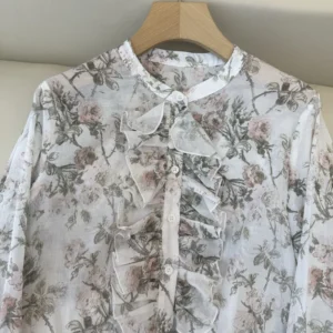 Dior Women Blouse White Cotton Muslin with Multicolor Rosier de Dior Motif