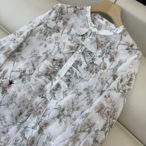 Dior Women Blouse White Cotton Muslin with Multicolor Rosier de Dior Motif