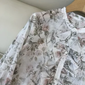 Dior Women Blouse White Cotton Muslin with Multicolor Rosier de Dior Motif