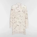 Dior Women Blouse with Ruffled Neckline Beige Cotton Muslin with Multicolor Butterfly Motif