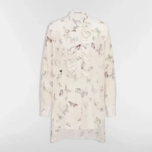 Dior Women Blouse with Ruffled Neckline Beige Cotton Muslin with Multicolor Butterfly Motif