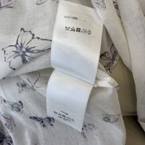 Dior Women Blouse with Ruffled Neckline Beige Cotton Muslin with Multicolor Butterfly Motif