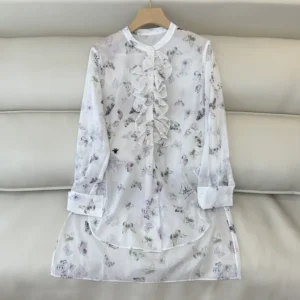 Dior Women Blouse with Ruffled Neckline Beige Cotton Muslin with Multicolor Butterfly Motif