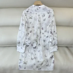 Dior Women Blouse with Ruffled Neckline Beige Cotton Muslin with Multicolor Butterfly Motif