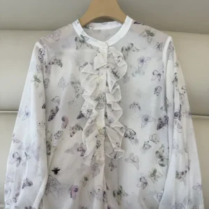 Dior Women Blouse with Ruffled Neckline Beige Cotton Muslin with Multicolor Butterfly Motif