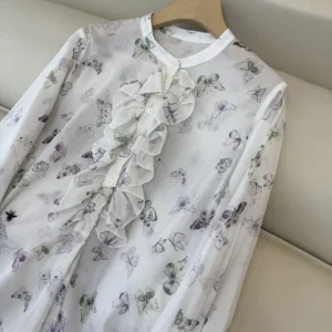Dior Women Blouse with Ruffled Neckline Beige Cotton Muslin with Multicolor Butterfly Motif